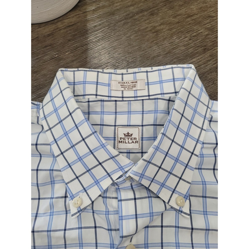 Peter Millar Mens Short Sleeve Blue White Checkered Button Dress Work Shirt XL